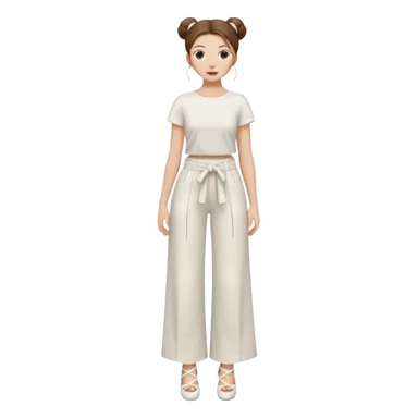 Chica blanca, traje pantalón blanco ancho, muy largo zapatos blancos tacon pelo recogido con mondongos mechones sueltos castaño ycuerpo entero sticker