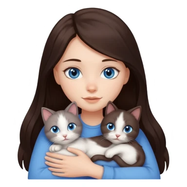 a pretty girl with long dark 
brown hair, with blue eyes, hugs 3 different natural coloured small cats sticker