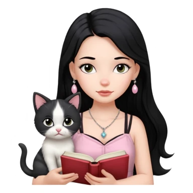 Menina branca ,cabelos pretos longos, olhos pretos puxados para cima. Cílios longos, lábios grossos ,nariz pequeno ,vestido rosa claro de alça. Colar e brinco bem pequeno. Lendo um livro com gatinho preto e branco. sticker