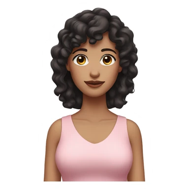 White woman with long black curly hair and bangs and dark brown eyes, wearing a pastel pink dress sticker