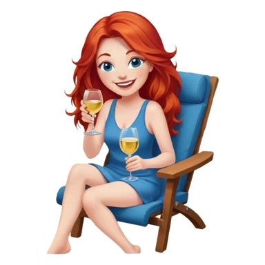 Laughing woman with long red hair and blue eyes holding white wine sitting in chair with feet up beside fire pit sticker