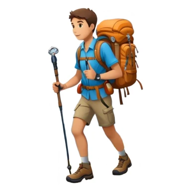 Icon for Mountain Tourism: a scenic mountain range with a hiker carrying a backpack, trekking poles, and a compass. The icon should evoke the adventure and beauty of exploring the mountains. Transparent background. sticker
