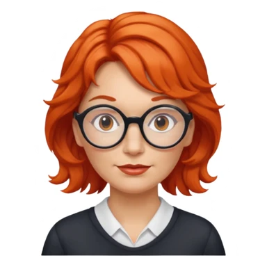 middle-aged Norwegian woman with red-orange wavy hair tied to the left, wearing large round glasses sticker