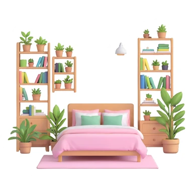 aesthetic bedroom with soft colors, plants, bookshelves, and study area sticker
