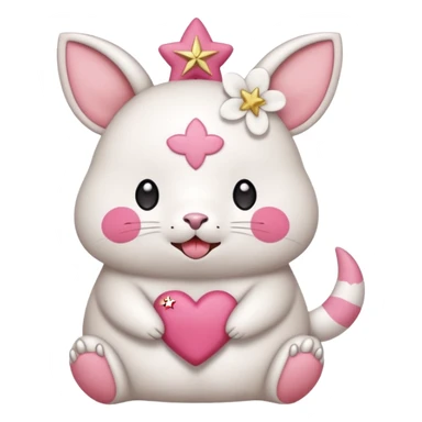GENERATE ME A MOMONGA WHITE ANIMAL  FROM CHIIKAWA AND PUT A SAKURA FLOWER ON HIS HEAD AND A STAR PELT ON HIS BELLY AND A HEART PURSE ON HIS ARM WITH HIS FACE MAKE HIS TOUNGE STICK OUT WITH A LITTLEPINCH OFDROOL AND MAKE HIM ANIME STYLED ART sticker