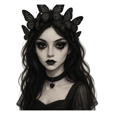 gothic emo girl with a heart-shaped face, butterfly crown, dark eyeliner, mysterious and elegant sticker