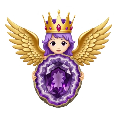 Big amethyst geode with red rubby dots inside award-in-frame-decorated-with-big-golden-angel--wings and crown sticker