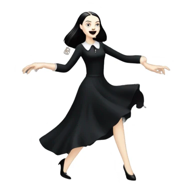 wednesday addams dancing with werewolves.she is wearing a long creepy black flowing evening gown that shows her legs with expensive high heels.  sticker