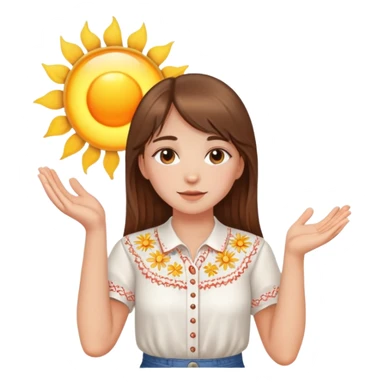 A young Ukrainian girl with brown hair wearing a white embroidered shirt holds the sun in her hands sticker