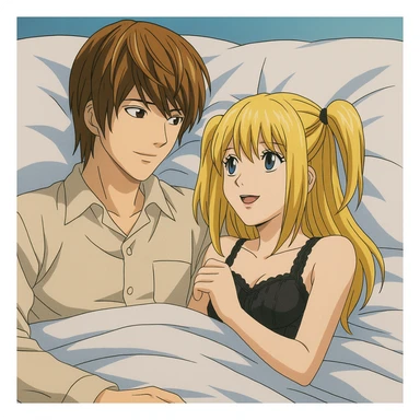 Light Yagami and Misa Amane in a bed, classic anime style, bright colors sticker