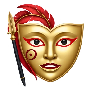 Create a bold and dramatic emoji representing the art of playwriting. The design should feature an open script or a theater playbook, with stylized text lines or dramatic dialogue inside. Include elements like a theatrical mask (comedy or tragedy), a stage spotlight, or a quill to symbolize creativity and performance. Use deep, contrasting colors like red, black, and gold to evoke the intensity and passion of drama. The overall design should feel dramatic, inspiring, and artistic. Make the background transparent. sticker