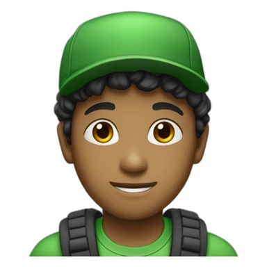 A boy wearing a green dress with written in it His hair is black and he's wearing a green cap White skin sticker