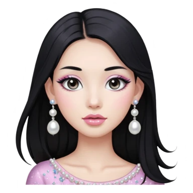 asian long black hair silver grey eyes glossy lips glittery white and light pink eyeshadow girl pearl earrings sticker