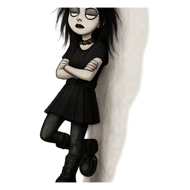 goth girl leaning against a wall, rolling her eyes, black boots, messy hair, indifferent attitude sticker