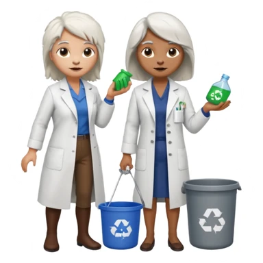 an woman otter picking up trash bins, next to a mad scientist sticker