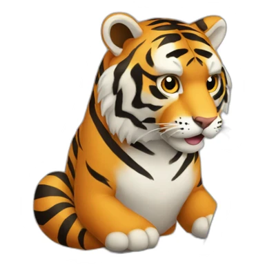 A tiger who study on a laptop with the word "AVEX" on the laptop sticker