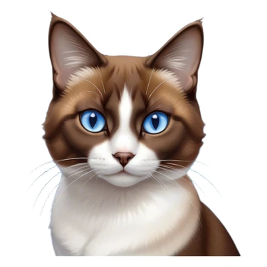 Cinematic Noble Brown Mantle Snowshoe Cat Portrait Emoji, Poised and regal, with sleek brown fur draping elegantly over its back like a mantle, contrasted by a crisp white chest, paws, and facial markings, piercing icy-blue eyes, Simplified yet sharp and sophisticated features, highly detailed, glowing with a soft, dignified glow, high shine, intelligent and graceful, stylized with an air of elegance, focused and attentive, soft glowing outline, capturing the essence of a watchful and refined feline, so majestic it feels as though it could glide across the screen with effortless confidence! sticker