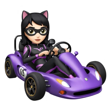 full size real-appearance road glowing racing sexy buxom CatWoman’s feminine midnight-colored tight outfit sixty’s tv show dark stealthy accurate sporty safe plush deluxe off-road pursuit drifting car jaguar (black hair,reclined and relaxed torso and shoulders back against seat) rallycross kart  sticker