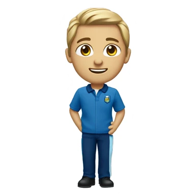 Un adolocente con uniforme de la escuela tipo poloche azul y pantolones azul oscuro saludando sticker