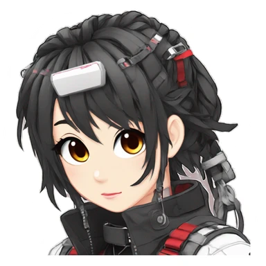 Gorgeous techwear anime style lady with blushing face aesthetic and pretty edgy black red white punk messy hair with collar and harness trending style sticker