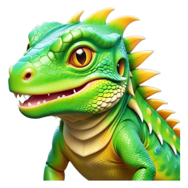 Cinematic Realistic Cute Iguana Portrait Emoji, Head tilted playfully and inquisitively, featuring a compact, agile build with a glossy, intricately scaled body in vivid green hues and a characteristically expressive face with bright, curious amber eyes, rendered in lifelike detail with natural highlights, high shine, affectionate and lively, styled with a touch of tropical whimsy, soft glowing outline, capturing the essence of a mischievous yet lovable iguana that seems poised to scurry out of the screen into your arms! sticker