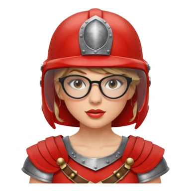 Taylor Swift, wearing gladiator cloth, big round glassed, helmet sticker