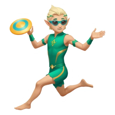 elf male legolas launching a frisbee woven from pure sunlight, wearing sporty teal swim shorts and performance sunglasses, pointy ears, dynamic motion lines, beach sky backdrop, centered emoji sticker