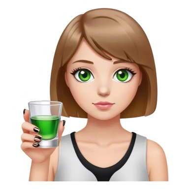 green eyes light brown hair white girl with short bob no bangs with a shot glass wearing black light pink nails sticker