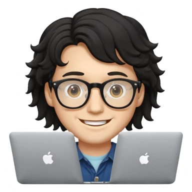 guy with wavy black hair and skin tone a little bit white and glasses, with a macbook sticker