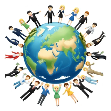 Money flying around the earth, surrounded by people who buy yachts and cars and mansions sticker