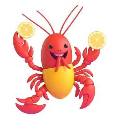 playful lobster holding a lemon in its mouth while twirling, emoji style sticker