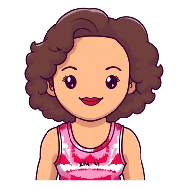 Artistic woman with fair skin, elongated face, abundant dark brown curly hair, large expressive almond brown eyes, full lips with soft red lipstick, wearing pink tie-dye tank top, maternal welcoming smile sticker