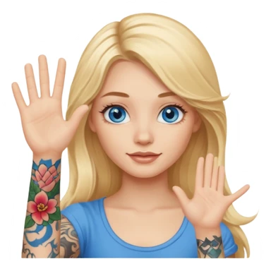 blonde girl with long hair blue eyes waving hello with tattoos sticker