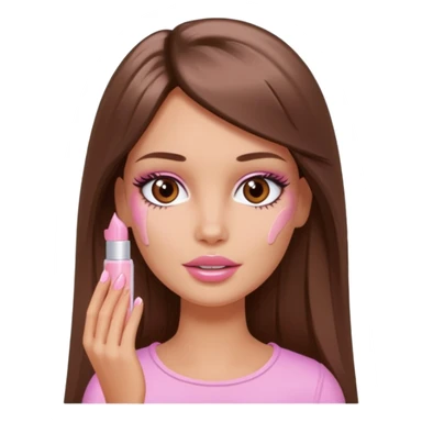 Barbie girl a brown long Straight hair and brown eyes is In pale pink smears by hand cosmetic cream on her face sticker