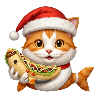 Happy Cat wearing a Santa hat and holding  a fish taco  sticker