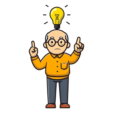 elderly man pointing his finger up at a light bulb, pretending that he has an idea sticker