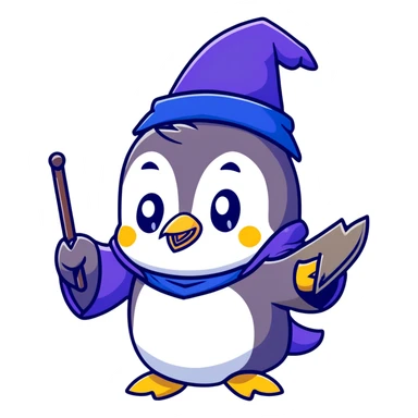 a cute penguin wearing a purple wizard robe and blue wizard hat, casting a spell sticker