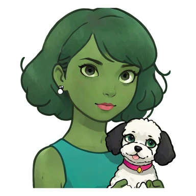 Girl with black hair and blue eyes. With Bichon frise sticker