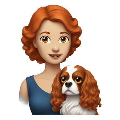 A red haired woman with blue eyes and holding a King Charles Cavalier sticker