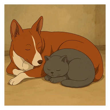 A gray British Shorthair cat curled up and sleeping next to a red Basenji dog sticker