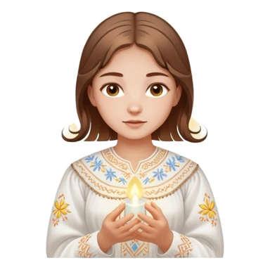 Ukrainian young girl with brown hair wearing a traditional white embroidered vyshyvanka shirt, holding a glowing ethereal light representing her soul sticker