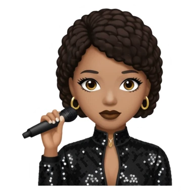 Sammie, R&B Singer with dark brown hair, black sequin outfit sticker