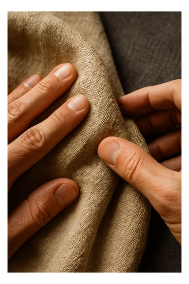 Primo piano di mani che toccano tessuto di lino grezzo, texture naturale dettagliata, colori puri e genuini, luce che rivela la bellezza delle imperfezioni naturali, mentre i sintetici appaiono artificiali e freddi in secondo piano sticker