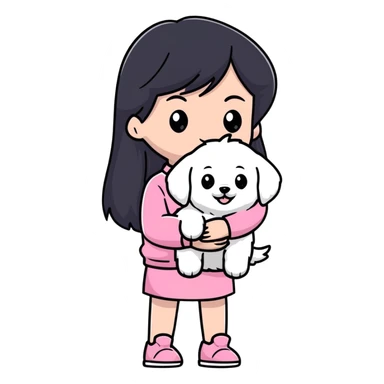 Beautiful girl with long straight black hair, fair skin, wearing pink clothes, holding a pure white fluffy Maltese dog sticker