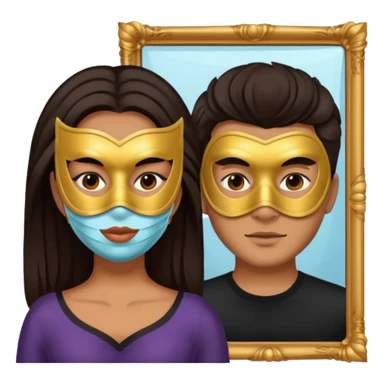 Man on mask in mirror behind woman sticker