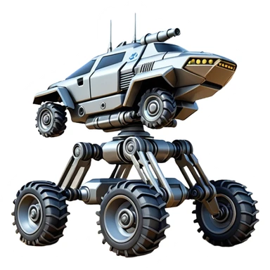 Futuristic jumping four-legged armored canine sporty self-balancing massive mech trail assault vehicle motor-in-wheel side-hill leaning actively robotically articulating hydraulic independent suspended pod gimbal defender antique off-road racing rover with large fast engine basher crawler megatron  sticker