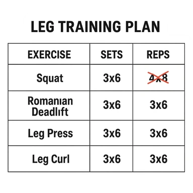 scheda di allenamento gambe con volume di allenamento ridotto (fai alcuni esercizi con 4x8 scritti in precedenza sbarrati in rosso e la correzione accanto tipo 3x6), scrivila al meglio che puoi sticker