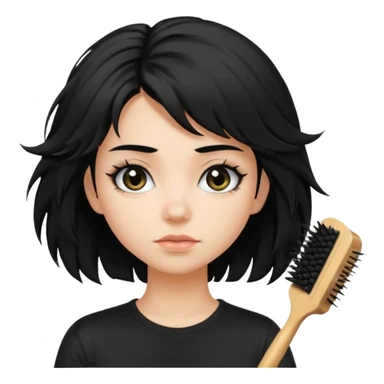 a pretty bratz fair girl with messy shaggy black hair with mascara smudged wearing a tight black tee with a hair brush stuck in hair sticker