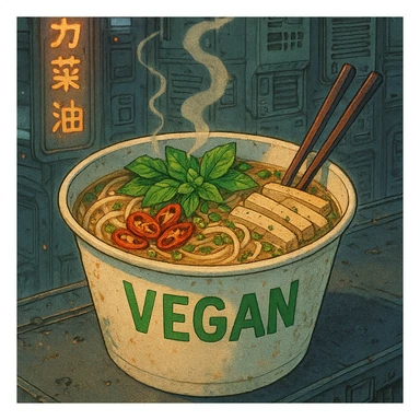 cyberpunk futuristic, scifi, a bowl of delicious VEGAN pho, ramen, 1990s, paper cup sticker