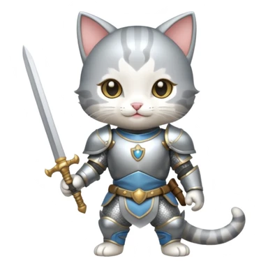 baby chibi cat in silver armor, full body, smile, hold sword sticker